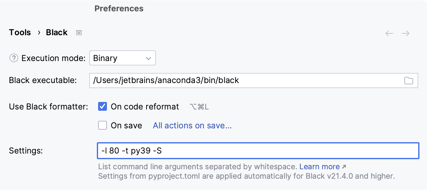指定 Black CLI 选项 指定 Black CLI 选项