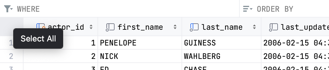 数据编辑器中的全选按钮 数据编辑器中的全选按钮