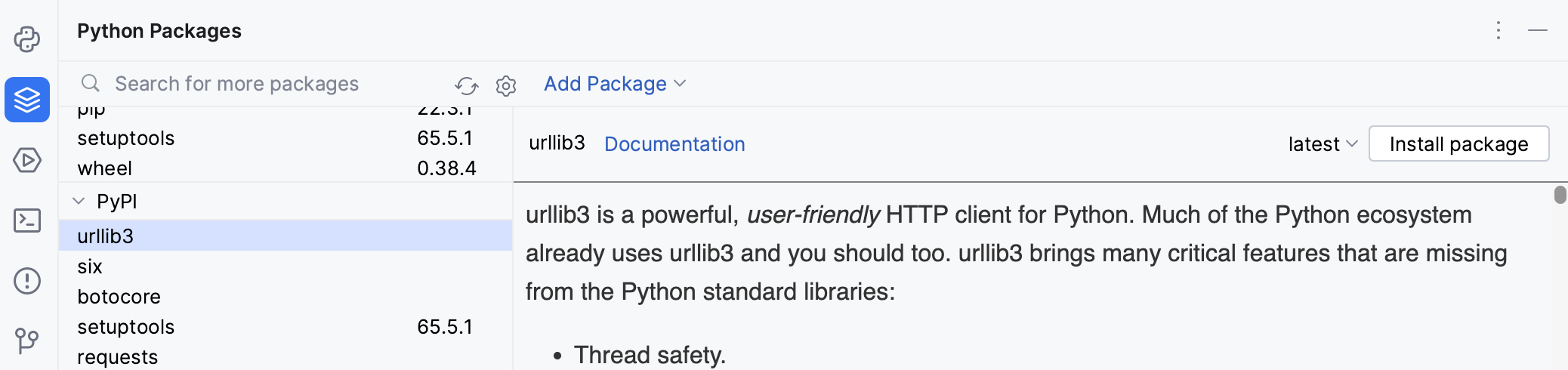 Python包工具窗口 Python包工具窗口