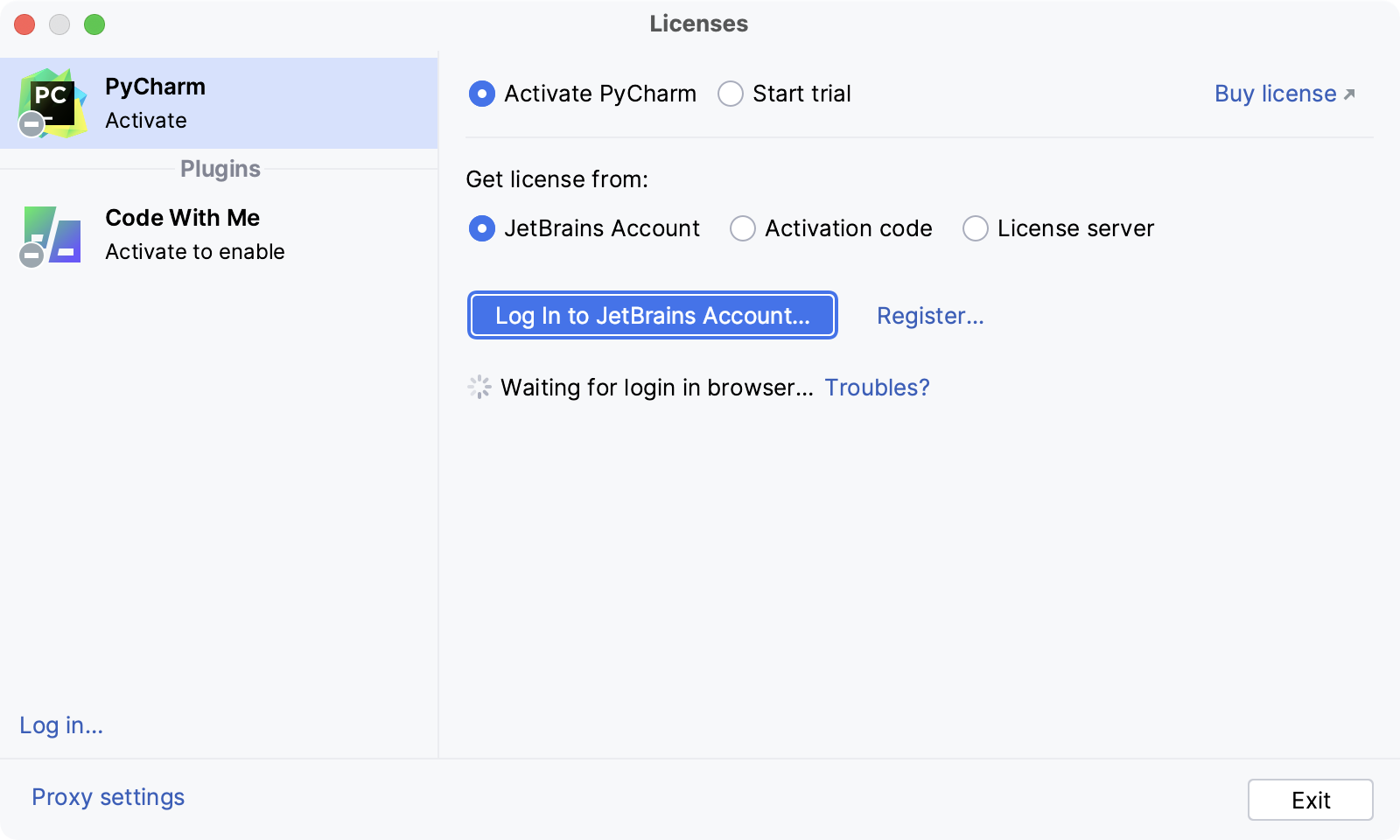 使用 JB 帐户激活 PyCharm 许可证 使用 JB 帐户激活 PyCharm 许可证