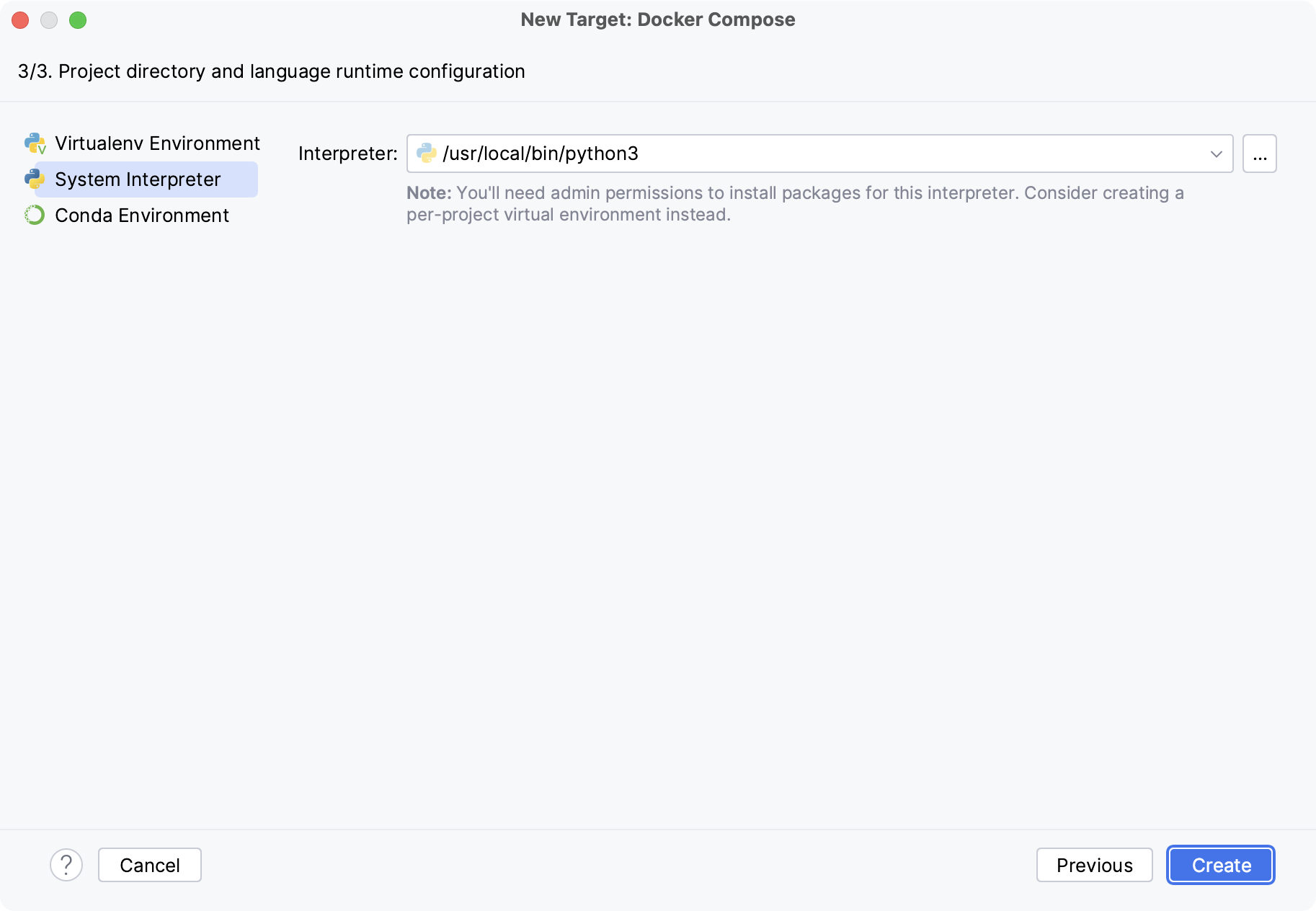为 Docker 目标选择系统解释器 为 Docker 目标选择系统解释器