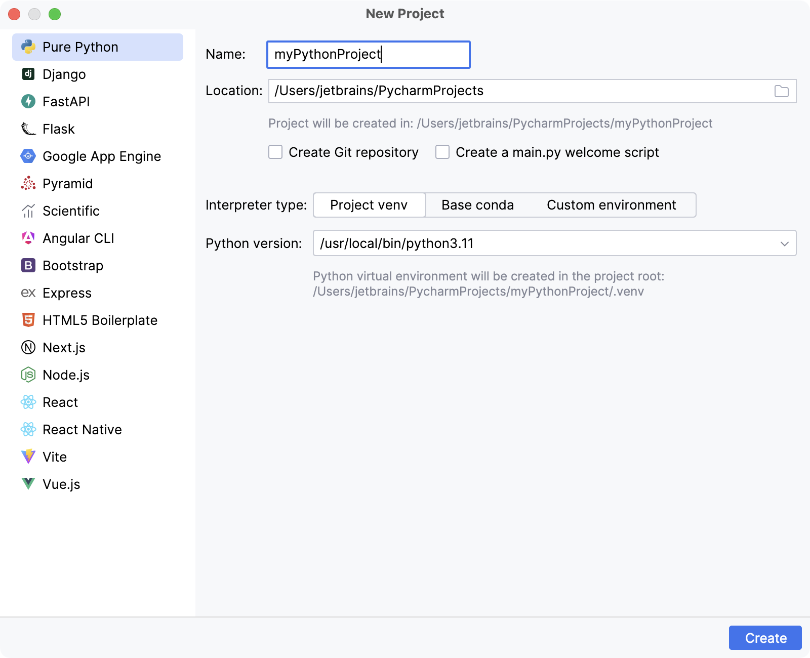 在 PyCharm Professional 中创建新项目 在 PyCharm Professional 中创建新项目