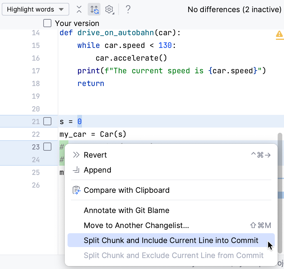 PyCharm:在上下文菜单中的提交中包含当前行的选项 PyCharm:在上下文菜单中的提交中包含当前行的选项