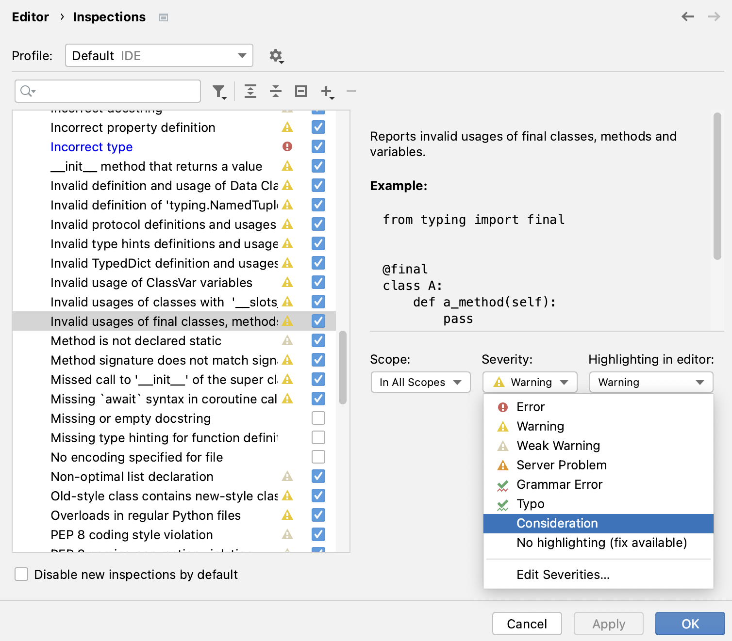 选择检查的严重性级别 选择检查的严重性级别
