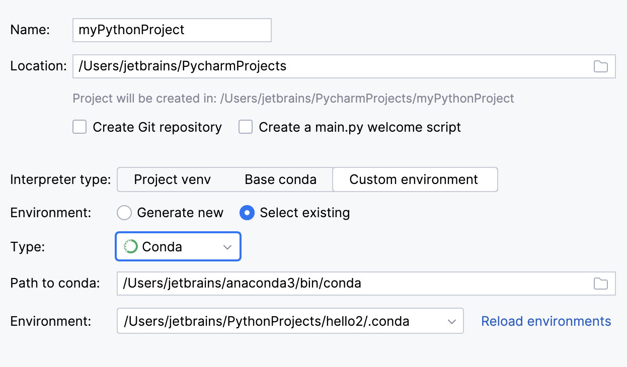 Selecting existing conda interpreter for a new project Selecting existing conda interpreter for a new project