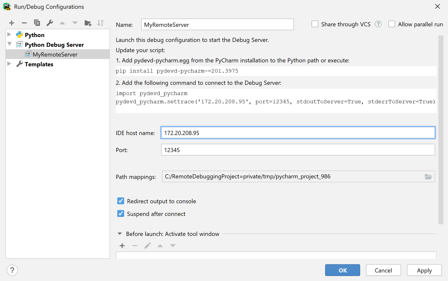 添加Python远程调试配置 添加Python远程调试配置